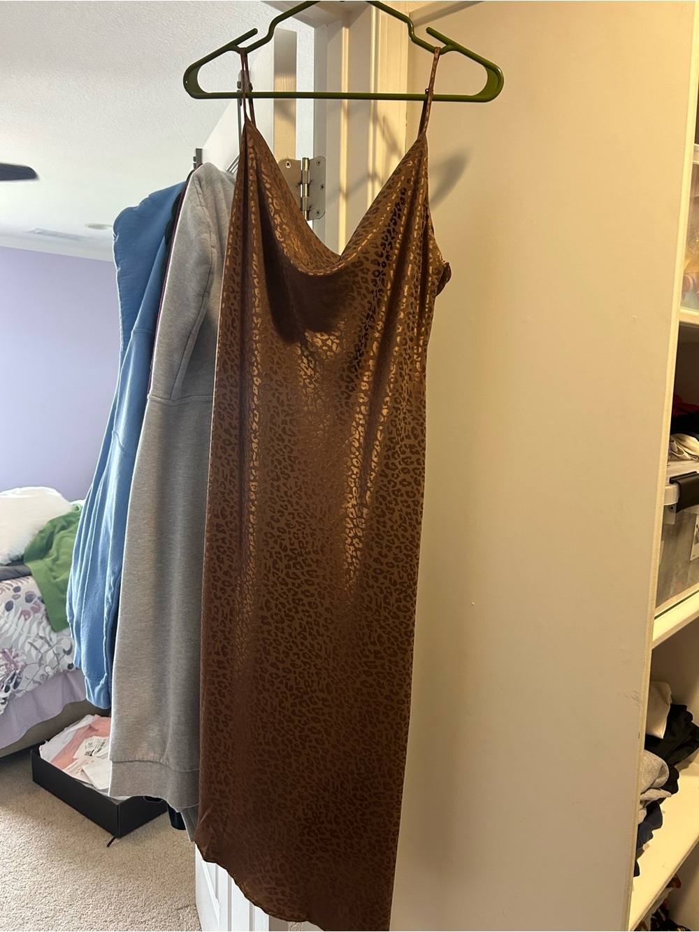 Satin Slip Dress with Subtle Animal Print - Brown